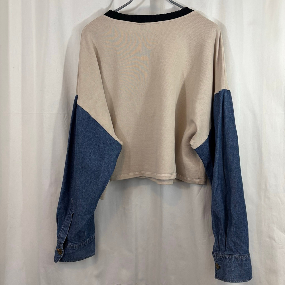 Women’s Zara Colorblock Cotton Sweatshirt Beige Denim Sleeve Cropped Pullover M - Picture 2 of 5